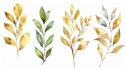 gold plant. watercolor leaf illustrations of green and gold plants for nature and wedding invitation