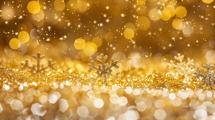 Gold Winter Abstract Background: Glittering Snowflakes and Lights for Christmas Celebration