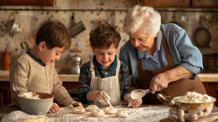 A joyful family moment in the kitchen, as a grandmother teaches her grandchildren the art of baking delicious treats together.