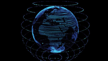 Leinwandbilder - Global world network concept. Safety wireless network connection technology. Big data analytics and visualization. Science background with blue planet Earth. 3D rendering.
