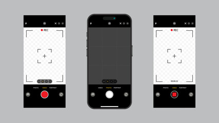 Smartphone Camera Interface: Viewfinder, Grid, Buttons, Lights, and Focus Controls in Mobile Photography Apps. Vector.