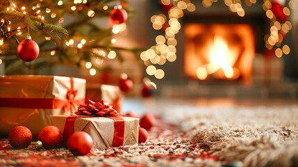 Wall Mural - Close-up of Christmas presents under a tree with red ribbons, brightly wrapped in festive paper, with a cozy fireplace in the background