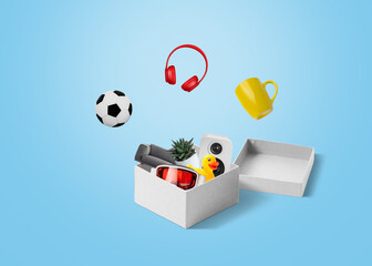 Poster - Package with products like a ball, mug, headphones, speaker, duck, toy, and furniture. Concept of delivery and online shopping
