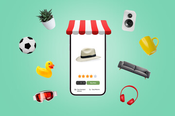 Poster - Phone shopp with e-commerce app and flying products around. Concept of online shopping and digital retail experience