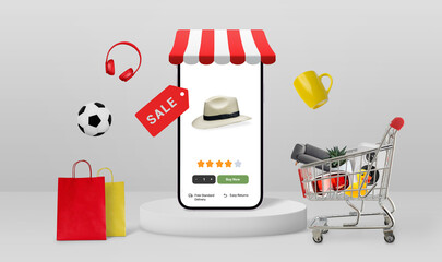 Poster - Online shop phone with a red and white awning, sale ribbon, shopping cart, and bags with products beside. Online shopping concept
