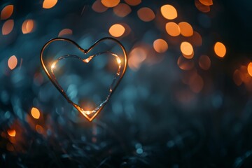 Canvas Print - Heart silhouette illuminated by glowing lights, with bokeh background, Glowing lights illuminating a heart silhouette against a dark background