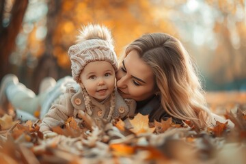 Autumn Affection: Mother Embracing Baby in Golden Leaves