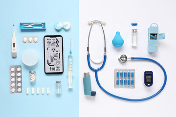 Mobile phone with medical supplies on blue and white background. Telemedicine concept