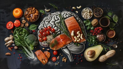 Chalk hand drawn brain picture with assorted food, food for brain health and good memory: fresh salmon, vegetables, nuts, berries on black background. Foods to boost brain power, top view