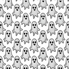 Wall Mural - Seamless pattern of ghosts doodle black on a white background. For textiles, packaging, holiday decoration. Good for prints, wrapping paper, scrapbooking, stationery, packaging, wallpaper,