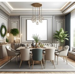 Wall Mural - Elegant Dining Room Interior with Large Chandelier and Blank Canvas