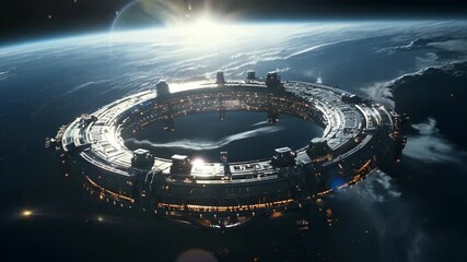 Wall Mural - Futuristic space station orbiting Earth. Universe exploration and astronomy concept. Orbital spaceflight. Science fiction animation. Future technology