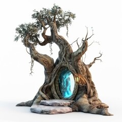 Wall Mural - 3D Render, Low Poly style of enchanted tree magic portal, on isolated white background, Generative AI