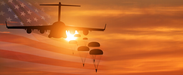 USA flag on sunset background. National Airborne day. 3d illustration