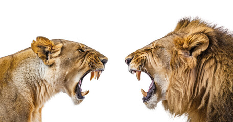 A male lion and a female lion roaring at each other against an all-white backdrop, showing the side view of their heads facing the camera with angry expressions and sharp teeth visible.