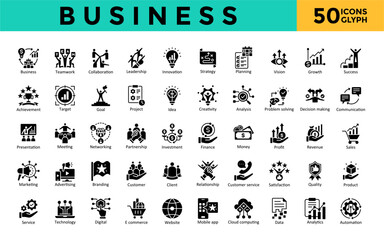 business icon set with teamwork, collaboration, leadership, innovation, strategy, planning, vision, 