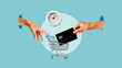 © Andrii - Hand with shopping cart and hand with credit card. Shopping time and buying with a credit card. Buy now pay later. Ecommerce sales and sale of goods, online trading platforms