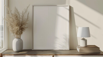 Aufkleber - Sunlit minimalist interior design with an empty frame mockup, ideal for displaying your artwork or designs