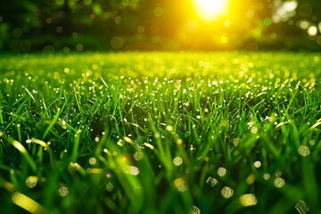 Wall Mural - A field of green grass with the sun shining through the grass