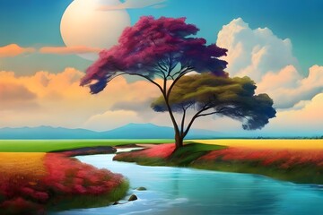 Wall Mural - landscape with clouds and sun Generative AI