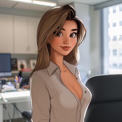 Poster - Description  A stunning digital art piece captures a dynamic female in a cute office setting, showcasing vibrant colors and clean lines.