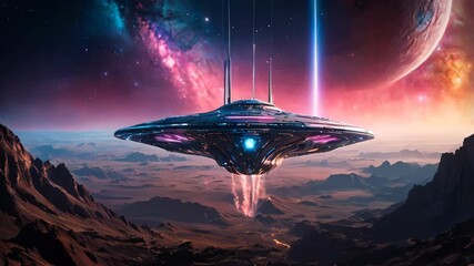 Wall Mural - An intricate giant alien ship over a strange alien planet