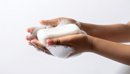 Close up Side view of young preschool aged child washing hands with soap