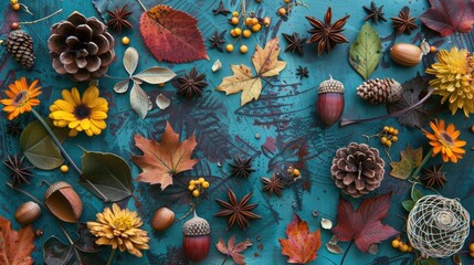 Canvas Print - Autumn themed flat lay with flowers leaves acorn pine cone and star anise