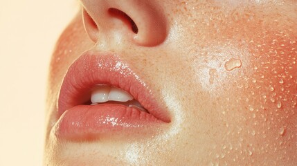 Close-Up of a Woman's Glossy Lips and Dewy Skin with Water Droplets on Cheek