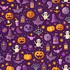 Wall Mural - Seamless pattern with Halloween elements. Purple Halloween design for greeting cards, gift boxes, wallpaper, fabric, and web designs