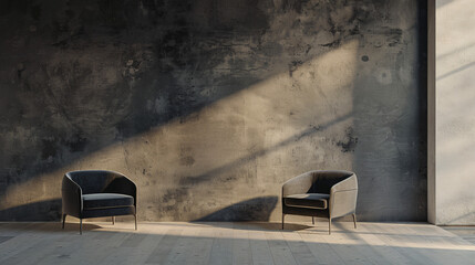 Wall Mural - Sunlight casting shadows on a textured concrete wall in a modern minimalist living room