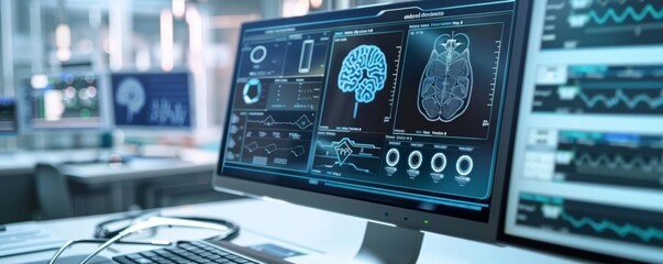 Design a medical informatics system with patient data integration and analytical tools, side view, enhancing healthcare decision-making, futuristic tone, Analogous Color Scheme