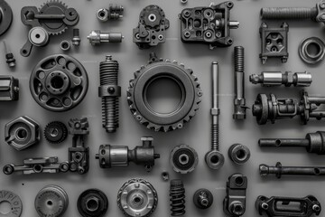 Monochrome car parts on grey background, styled like adobe stock, high res detailed photo