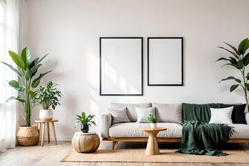 Wall Mural - Gray Fabric Sofa and Green Blanket Concept room design. View of modern scandinavian style interior with artwork mock up on wall.