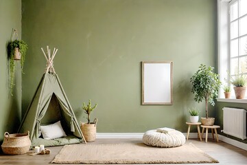 Wall Mural - Green and tent and kids room design. View of modern scandinavian style interior with artwork mock up on wall.