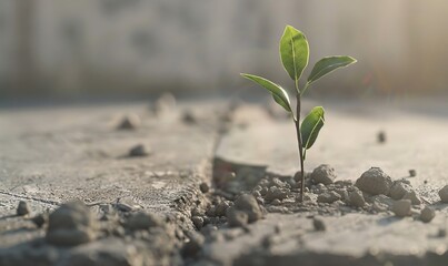 Wall Mural - Small plant sprouting from a crack in the pavement as the sunlight shines on it.