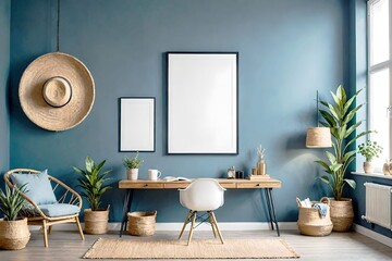 Wall Mural - Blue room with desk and chair design. View of modern scandinavian style interior with artwork mock up on wall.