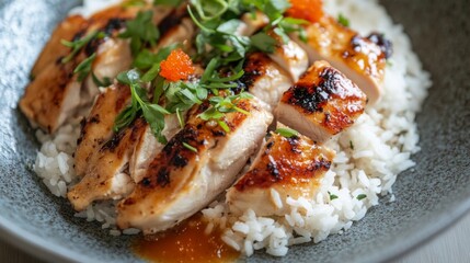 Wall Mural - A plate of rice with roasted chicken drizzled with a savory sauce, ready to be enjoyed.