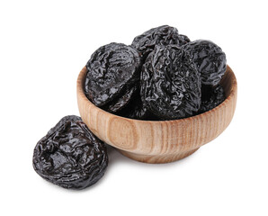 Wall Mural - Tasty dried plums (prunes) in wooden bowl on white background