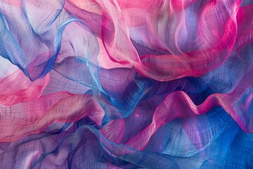 Poster - Detailed view of intertwining gossamer threads in shades of blue and pink fabric, creating a textured pattern, Gossamer threads of pink and blue ink weaving and overlapping in a intricate tapestry