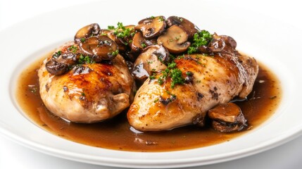 Wall Mural - A plate of roasted chicken breast topped with truffle mushrooms and a rich gravy, on a white background.