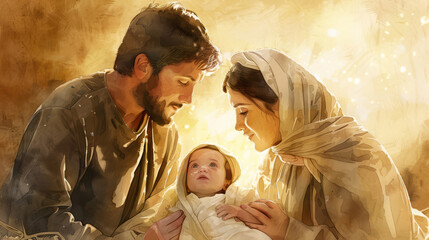 Wall Mural - Nativity scene, soft glow around baby Jesus, Mary and Joseph gazing lovingly.