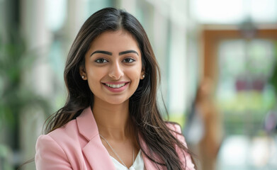 Wall Mural - Young businesswoman in pink color suit standing confidently