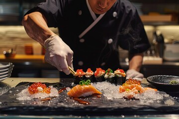 a chef preparing sushi on a tray in a kitchen