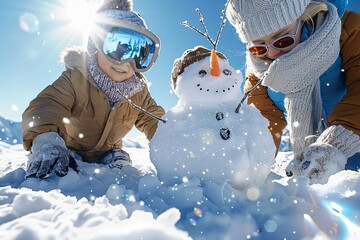 Two children build a snowman in a sunny winter landscape, enjoying a fun day in the snow with smiles and playful spirit.