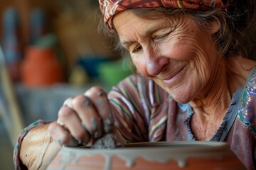 Photo of a happy woman in pottery art studio making ai generative