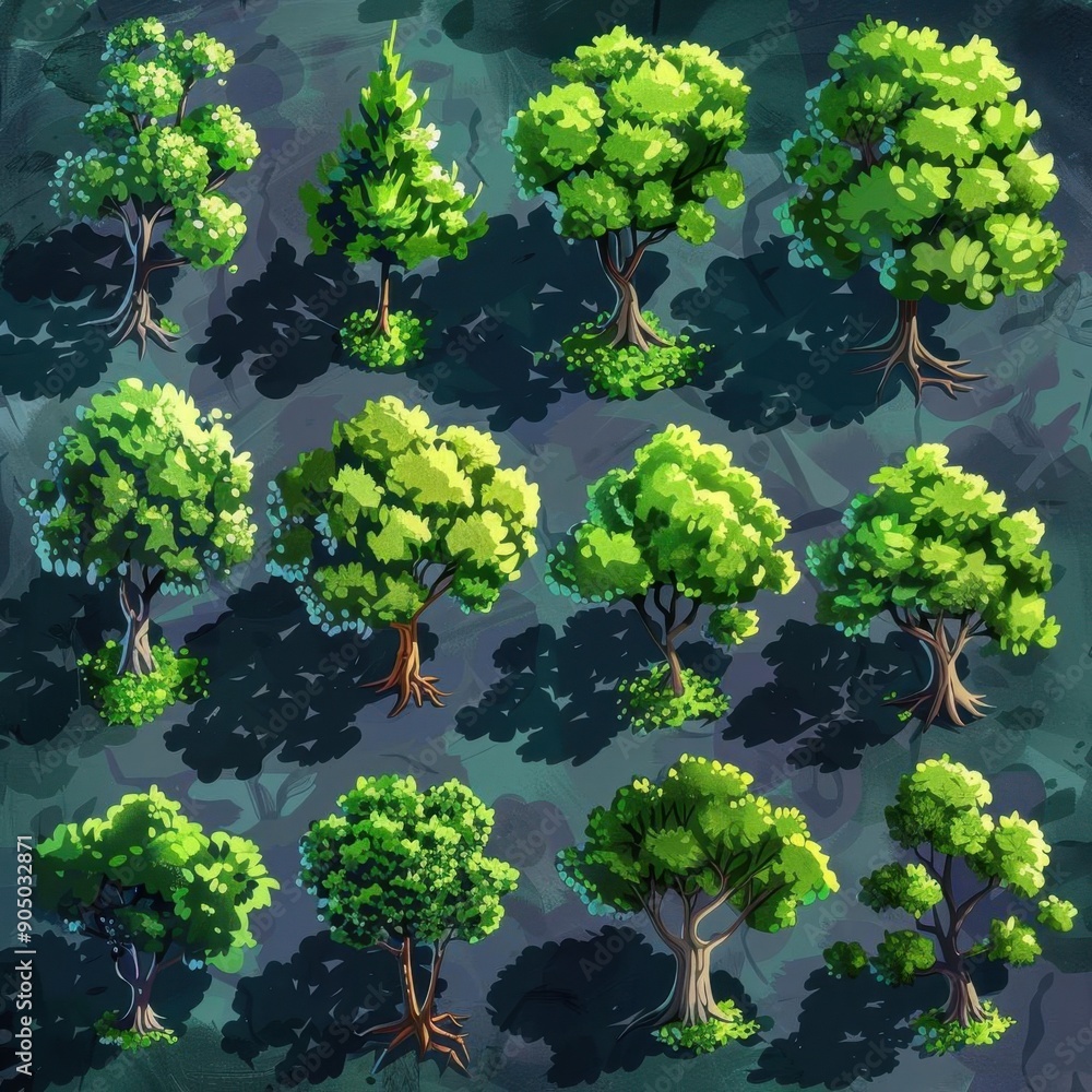 A collection of hand-drawn trees. The trees are in different shapes and ...
