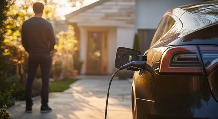 Electric car charging at an outdoor charging station, close up of red taillights reflecting light in raindrops, modern urban scene highlighting environmentally friendly technologies and sustainable en