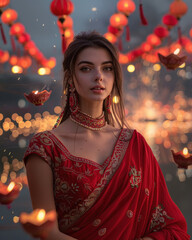 Poster - beautiful indian woman dressed up in an elegant red traditional saree, surrounded by lanterns and diwali vibes