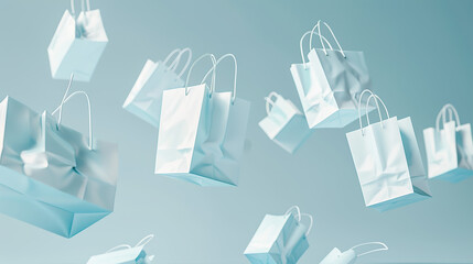 A light blue background with floating white shopping bags